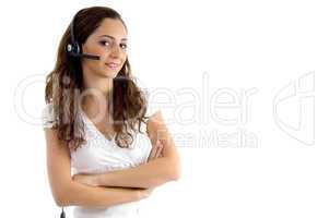 folded arm female talking on headphone