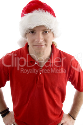 male wearing christmas hat looking at camera