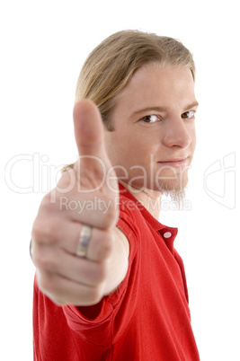 handsome caucasian male showing thumbs up hand gesture