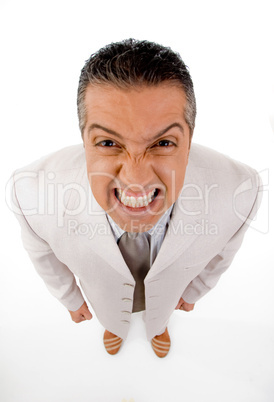 top view of adult manager grinding his teeth