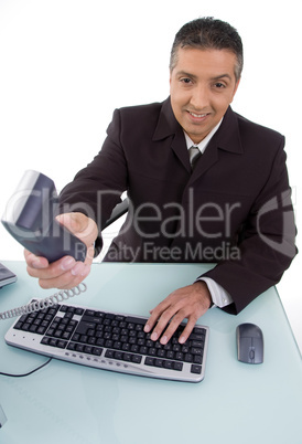 top view of smiling lawyer offering phone