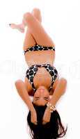 top view of laying sensuous woman in bikini