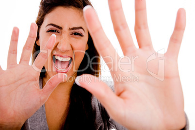 portrait of smiling woman showing palms