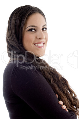 side pose of smiling model