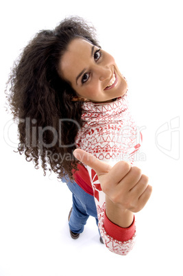 high angle view of smiling young woman showing thumb up