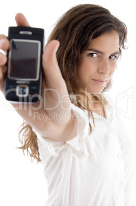 young woman showing cell phone