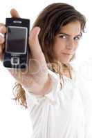 young woman showing cell phone