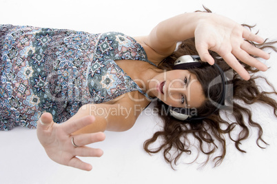 high angle view of high angle view of laying model with headphone