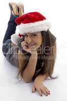 young woman wearing christmas hat