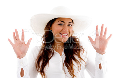 portrait of smiling woman showing her palms