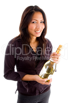laughing woman holding champaign bottle
