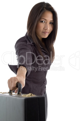 beautiful businesswoman showing briefcase