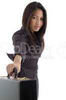 beautiful businesswoman showing briefcase