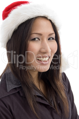 female wearing christmas hat