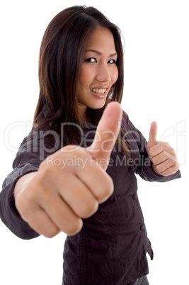 pleased female with thumbs up