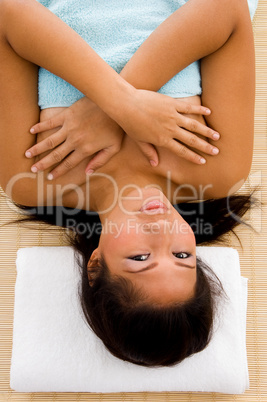 high angle view of adult woman in towel