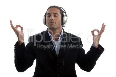 young american attorney listening music on headset