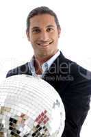 young caucasian corporate man holding disco ball