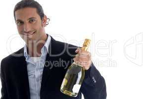 young american businessman holding wine bottle