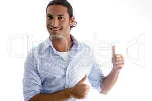 smiling male model with thumbs up