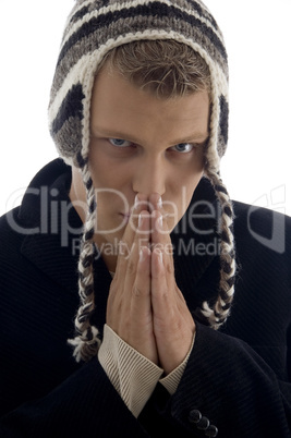 portrait of handsome male wearing woolen cap