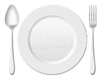 dinner place setting. a white china plate with silver fork and s