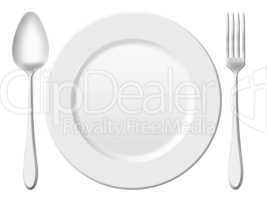 dinner place setting. a white china plate with silver fork and s