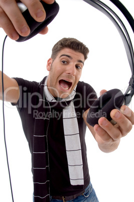 male dj holding headphone