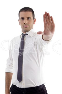 professional male showing stopping gesture