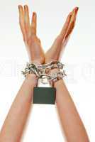 Hands tied up with chains