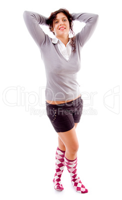 standing female putting hands on head
