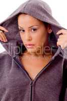 fashionable woman covered herself with hood jacket
