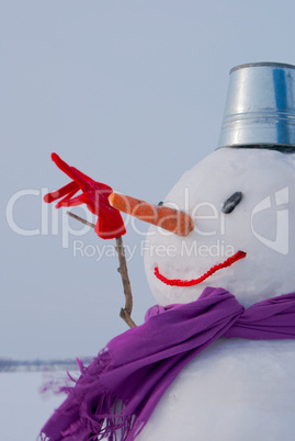 Lonely snowman at a snowy field