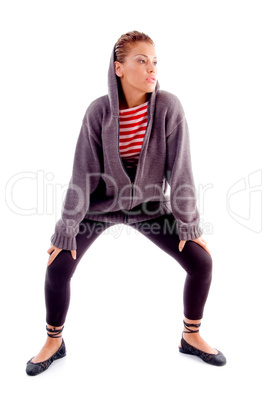 beautiful young female posing wearing hooded cardigan