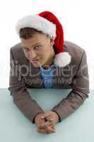 high angle view of young man with christmas hat