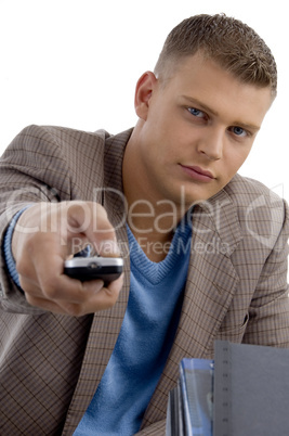 young man with television remote