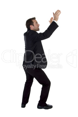 side view of success businessman with raised hands