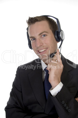 young man calling with headset and smiling