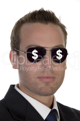 young american businessman with dollar signs on his sunglasses.