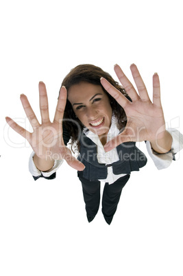 woman cheering with palms