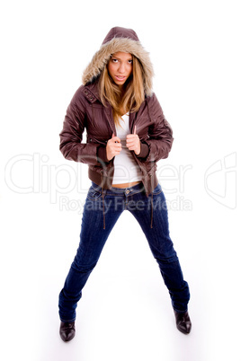 front view of standing woman wearing woolen coat