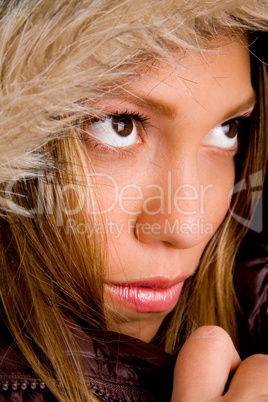 close view of woman wearing hood jacket