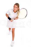 front view of player with tennis racket looking aside