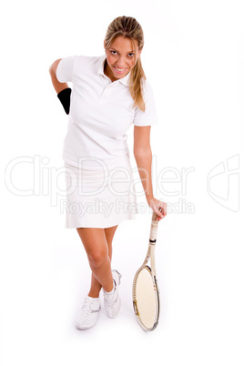 front view of smiling player with tennis racket