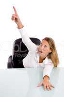 top view of businesswoman pointing up