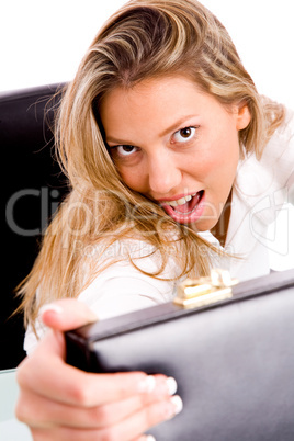 top view of businesswoman opening the bag