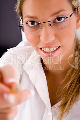 top view of smiling employee looking at camera