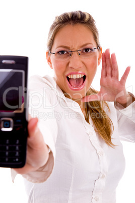 portrait of smiling businesswoman showing mobile