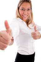 side view of smiling accountant showing thumb up
