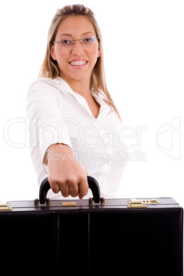 front view of smiling lawyer holding briefcase